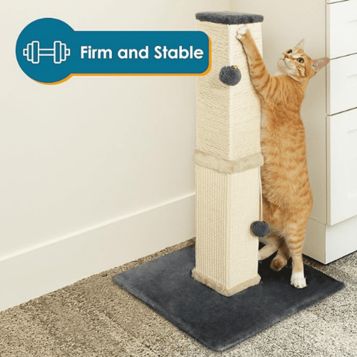 Cat Scratch Post Tower - 32” Tall Cat Scratching Post with Jingle Bells and P Balls - Sisal Cat Scratcher with Larger Base for Better Stability - Cat Scratching Posts for Indoor Cats