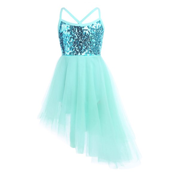 iEFiEL Girls Sequins Ballet Dress Hi-low Tulle Dance Leotard Dress Mint Green 8-10