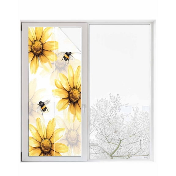 Window Privacy Film Spring Bees Stained Glass Window Film Decorative Sun Block Window Cover Sunflower White Vintage Botanical Art Window Clings Static Adhesive Sticker for Bathroom 23.6"x59"