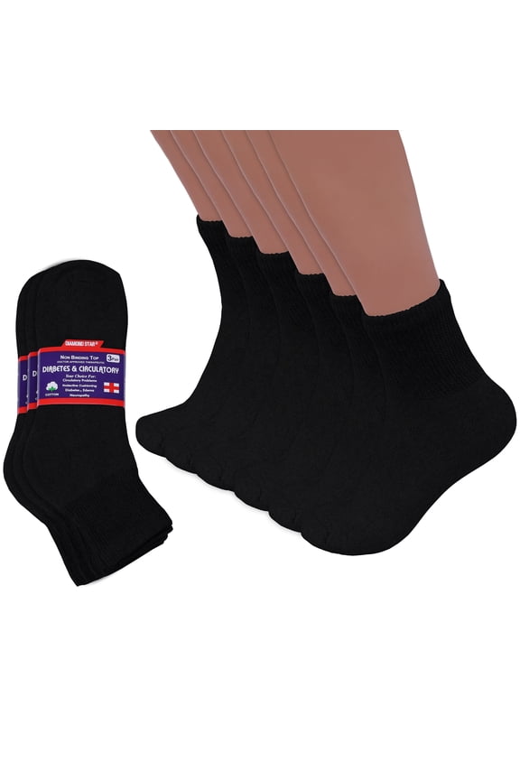 Diabetic Ankle Socks Non-Binding Circulation Quarter Socks, Cushioned Cotton Blend for Men & Women (Black 6Pairs, Size 10-13, Fits Womens Shoe 7-12)