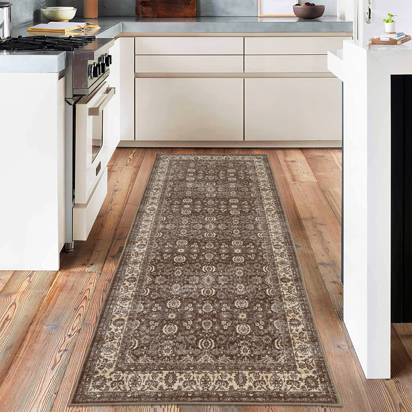 2x6 Runner Rug Vintage Floral Machine Washable Rugs, Non-Slip Vintage Boho Ultra-Thin Throw Carpet for Hallway Entryway Brown