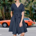 thumbnail image 2 of Vestido informal de mujer con cuello en V de algodón y lino elegante vestido sencillo hasta la rodilla Vestidos FLhrweasw Nuevo, 2 of 9