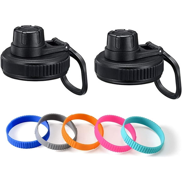 TRAHOO-Spout Lid, Compatible with Hydro Flask Wide Mouth Sports Water Bottle, 5 Different Color Rubber Rings, Big Handle, Easy to Carry, Compatible with Most Wide mouth bottle - Black - 2 PACK
