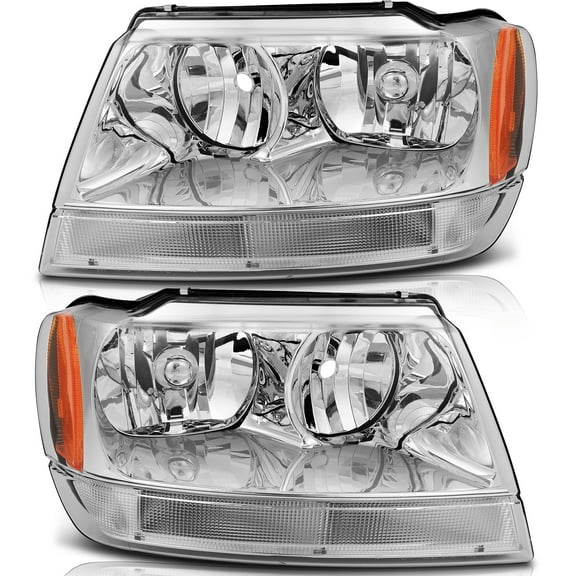 CCIYU Headlights Assembly For Jeep Grand Cherokee 1999-2004 With Protective Coating Chrome Housing Amber Corner Clear Lens
