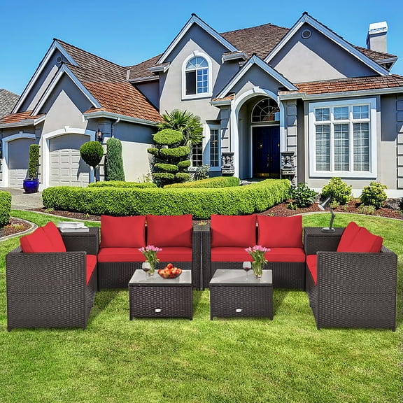 Costway 8PCS Outdoor Patio Rattan Furniture Set Cushioned Loveseat Storage Table Red