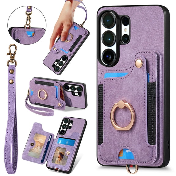 ELEHOLD For Samsung Galaxy S26 Ultra Wallet Phone Case, Card Slot Ring Holder Flip Kickstand Shockproof Wallet Cover Wrist Strap,Purple