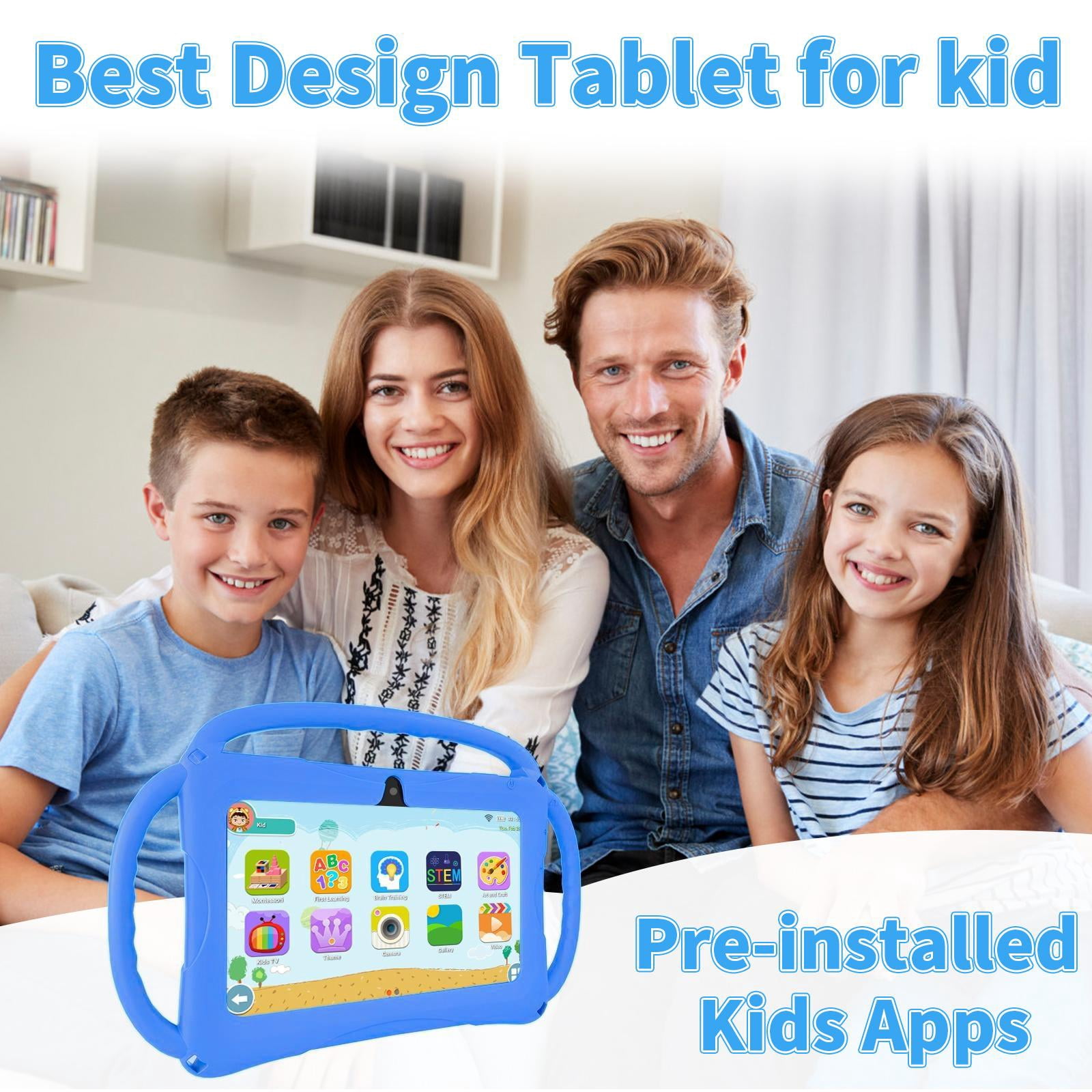 Kids Tablet 7 inch Android for Toddler, 6GB RAM 32GB ROM Bluetooth IPS Screen Parental Control Dual Camera Shockproof Case for Educational Games, (Blue)