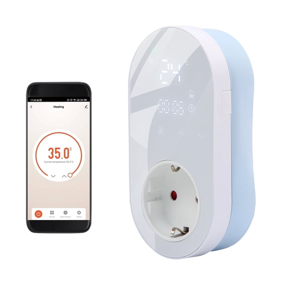 WiFi Digital Thermostat Outlet Plug 16A Outlet Tuya App Voice Control Socket Temperature Controller 5+1+1 Six Periods & Heating and Cooling Mode with Touch Button LED Screen for Fan Heater Radiator