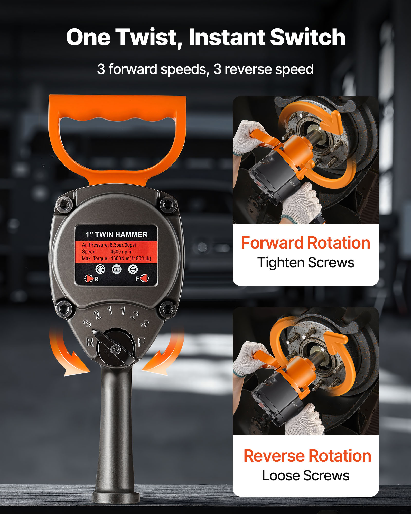 VEVOR 1 Inch Air Impact Wrench, Up to 1200 ft-lbs Nut-Busting Torque, 16.4 lbs Lightweight Pneumatic Impact Gun with Double Handles for Heavy Duty Repairs and Maintenance
