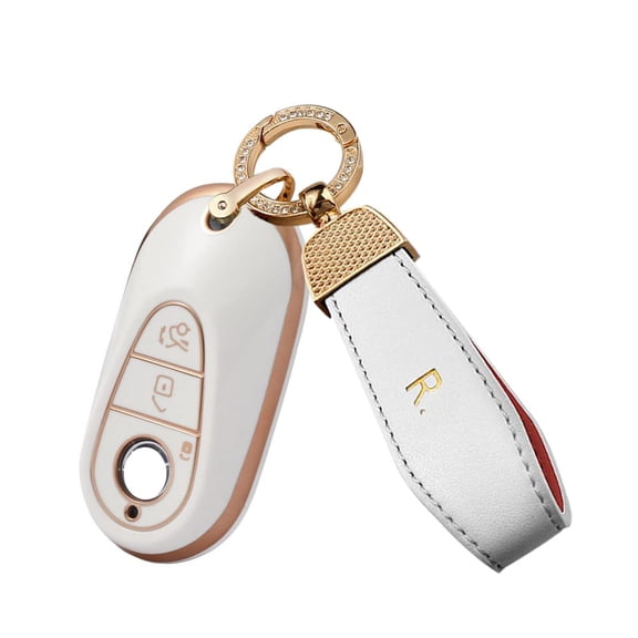 Full Protection Soft TPU Golden-Edge Smart Key Cover for Mercedes Benz S-Class W223/New S580, G-Class E-Class 2022 2021 Keyless Mercedes Key Fob Cover with Leather Keychain