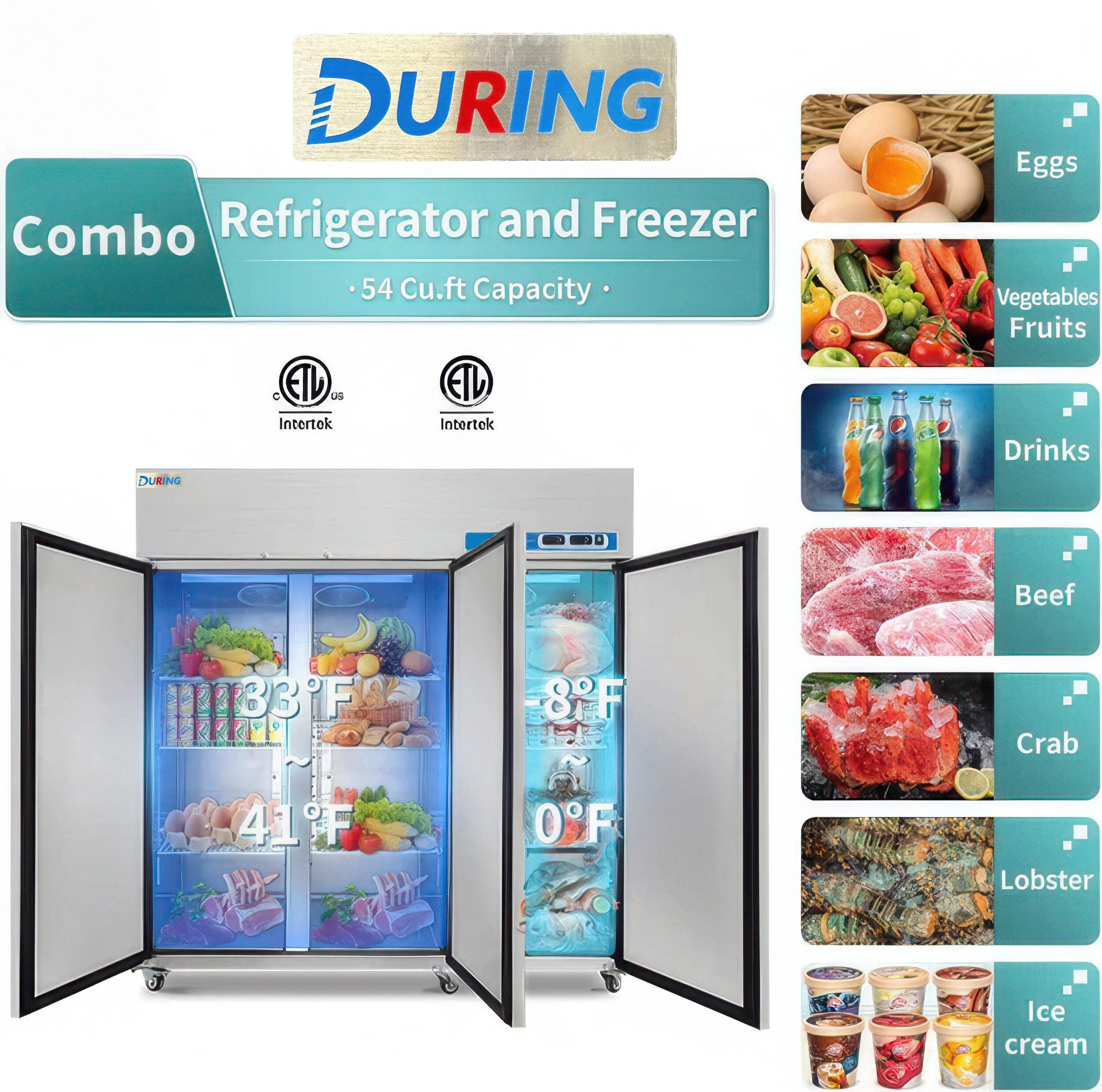 DURING D-K-72RF 72" Commercial Refrigerator Freezer Combo, 3-Door Solid Door Reach-In, 54 Cu.ft Upright Fridge Freezer