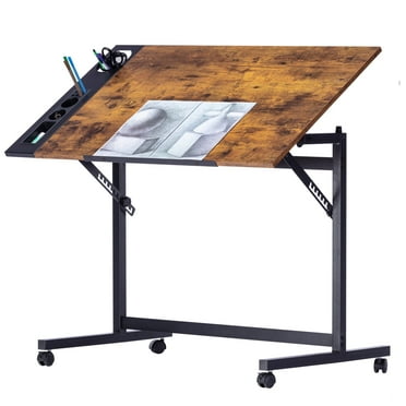 VECELO Drafting Table with Wheels, Adjustable Drawing Table Tiltable Painting Desk Workstation with Pencil Ledge for Artists, Brown