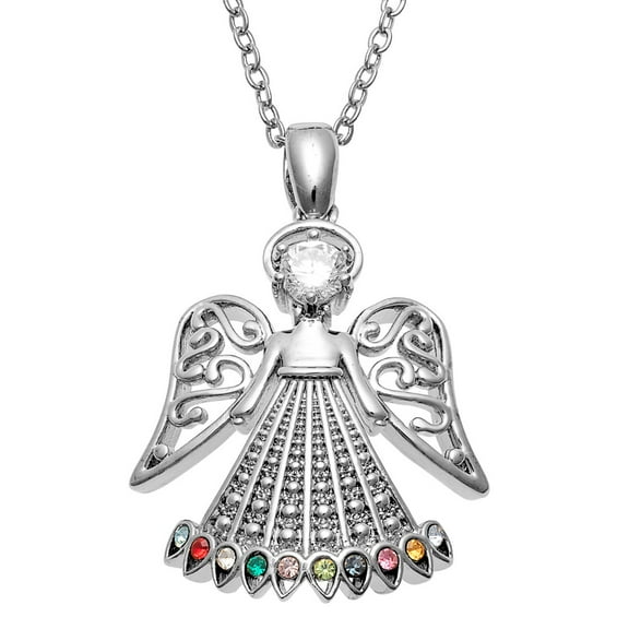 Personalized Planet Rhodium, Gold or Rose Gold Plated Family Birthstone Filigree Angel Necklace ,Women's