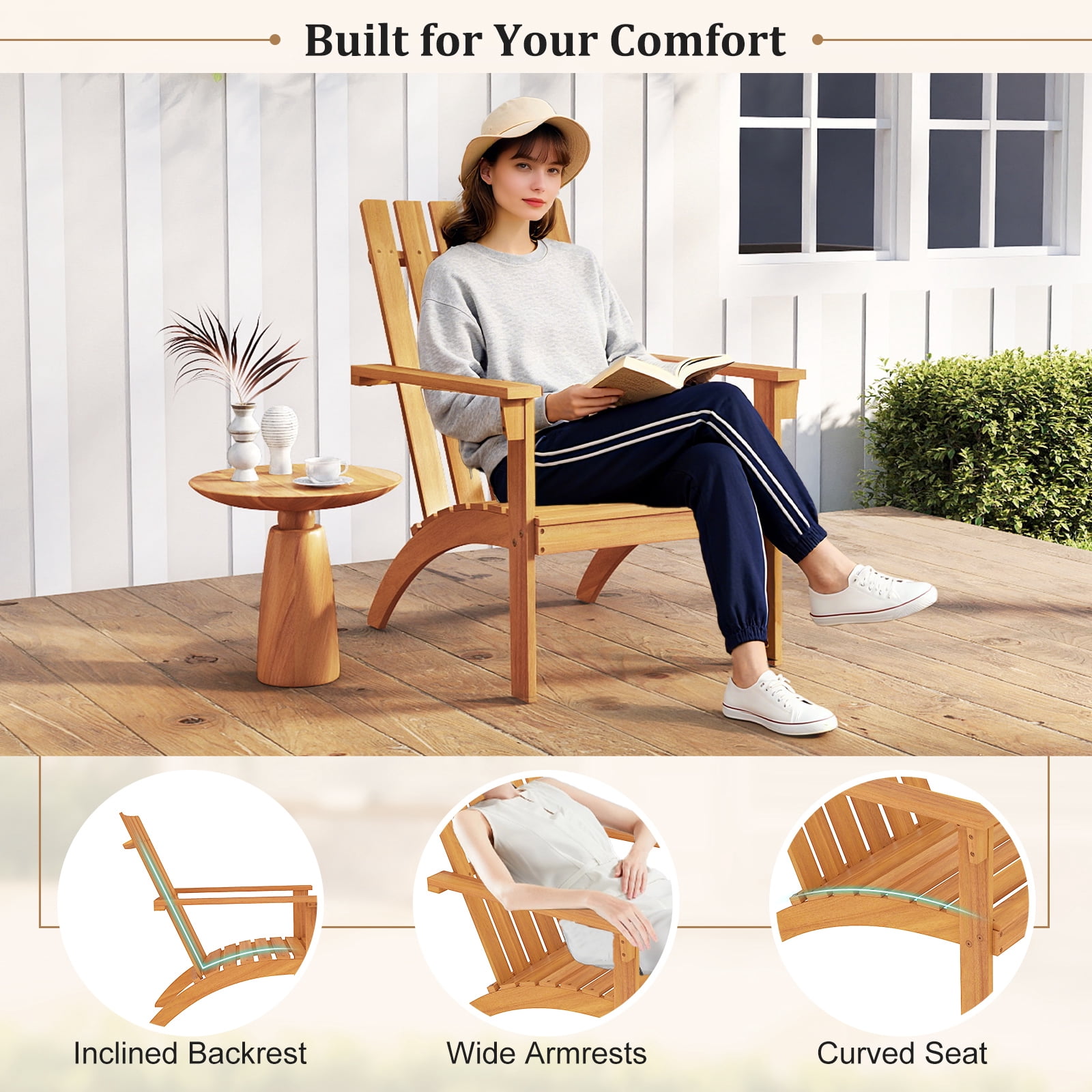 Patiojoy 2PCS Wooden Adirondack Chair W/Ergonomic Design Outdoor Lounge Armchair Acacia Wood chair for Yard&Patio Natural Color