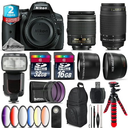 Nikon D5300 DSLR Camera + AF-P 18-55mm VR + 70-300mm G + Pro Flash - 48GB