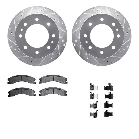 Dynamic Friction Company Rear Brake Rotors-Drilled and Slotted-Silver with Heavy Duty Brake Pads includes Hardware 7212-48031
