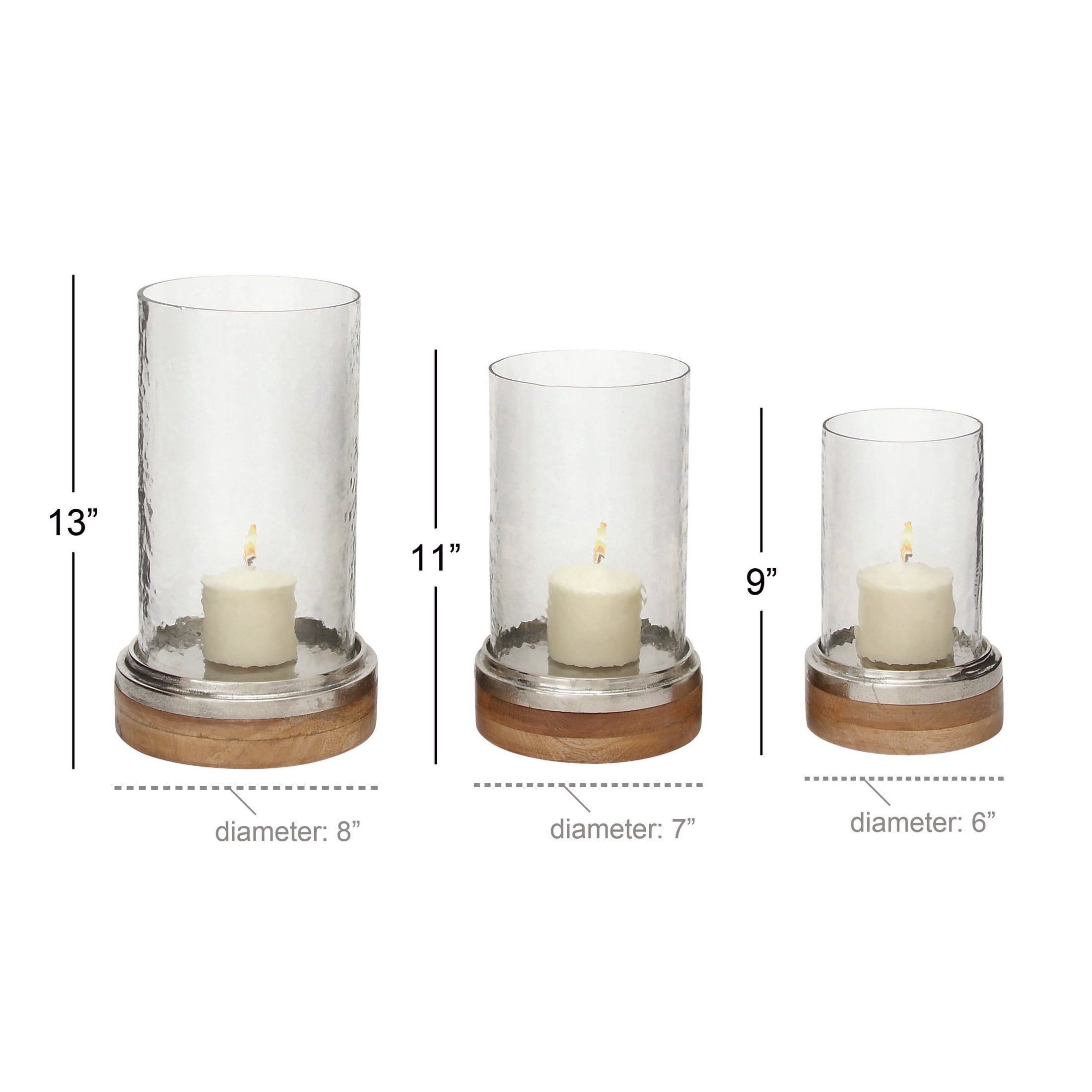 DecMode 3-Slot Brown Wood Pillar Hurricane Lamp with Glass Candle Holders, Set of 3
