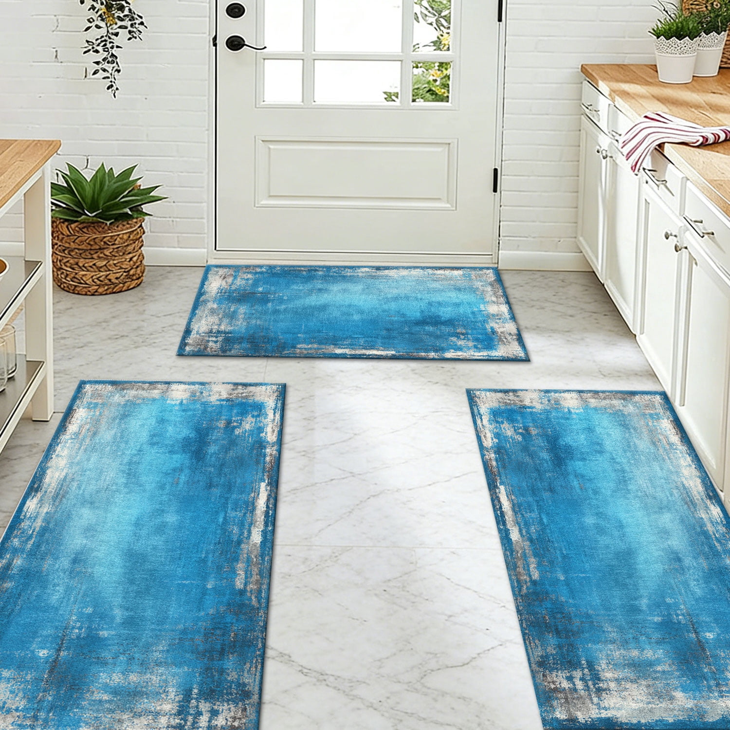 3 Piece Kitchen Rug Set, Non-Slip And Washable, Abstract Pattern Kitchen Hallway Rug, Soft And Comfortable, Suitable For Sinks, Floors, Entrances, Hallways and Bathrooms