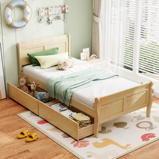 Costway Cadre de Lit Format Simple avec 2 Tiroirs de Rangement Lit Plateforme en Bois avec Tête de Lit Beige
