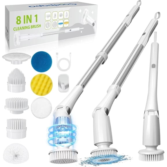 JETO Electric Spin Scrubber Cordless with 9 Replaceable Heads, Extendable Handle (46.5in), Waterproof for Bathroom, Kitchen & Tile