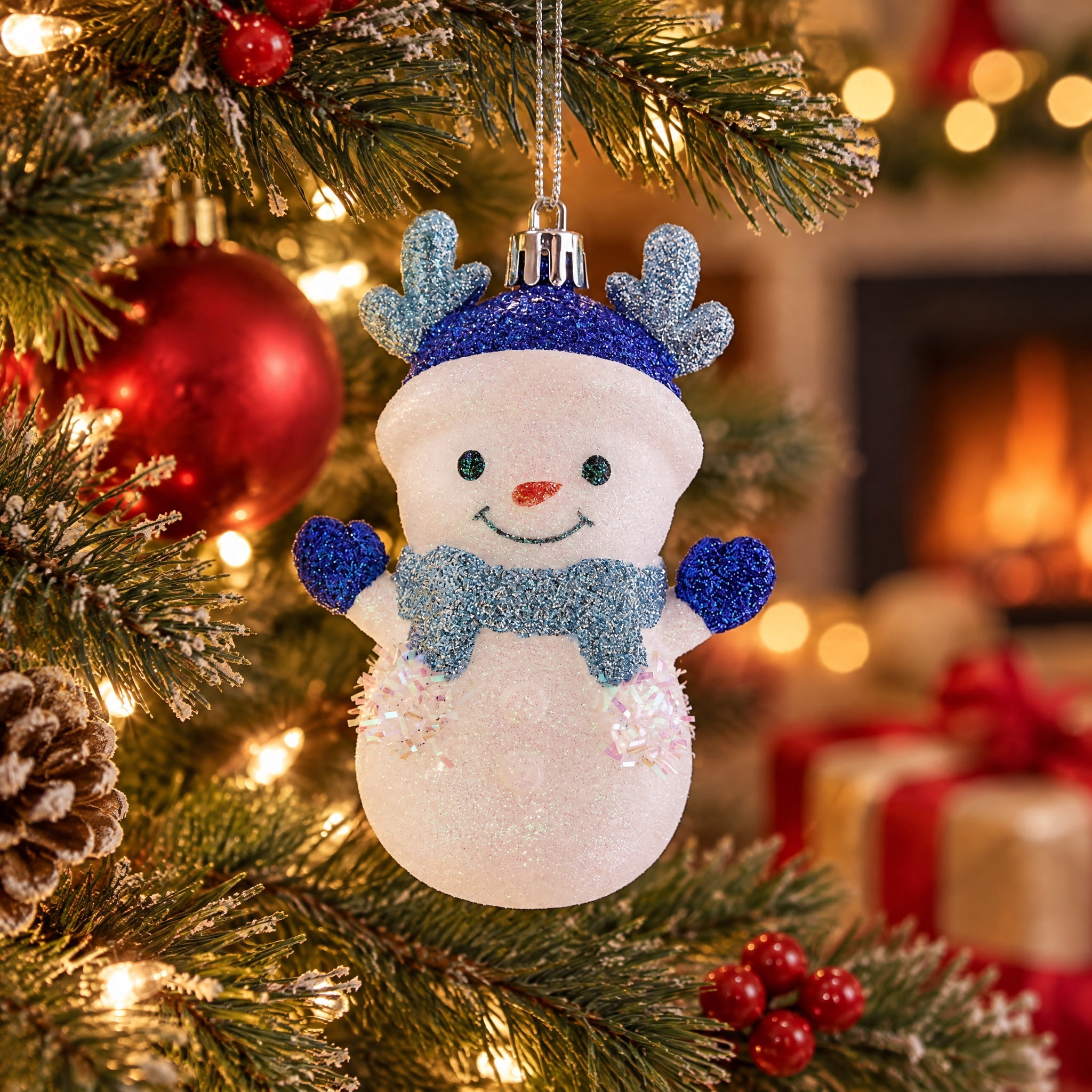 Blue and White Glitter Snowman with Antlers Christmas Ornament, 4.3", by Holiday Time