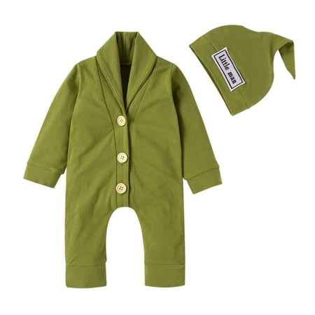

StylesILove Infant Baby Boys Solid Shawl Collar Long Sleeve Cotton Jumpsuit & Little Man Hat 2pcs Fall Winter Romper Outfit (Green 6 Months)