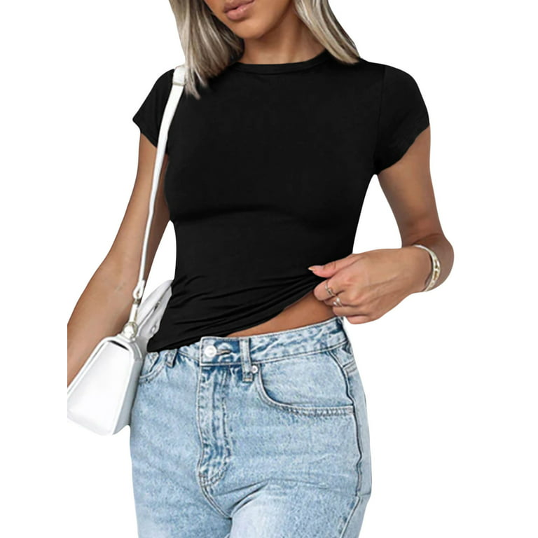 Womens Short Sleeve Tight Crop Top Solid Color Slim Fit Tee Shirt Basic  Crew Neck Cropped Skinny Tops Streetwear 
