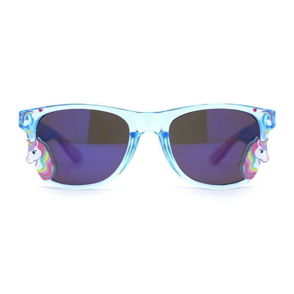 Girls Kid Size Rainbow Unicorn Badge Horn Rim Sunglasses Blue Mirror