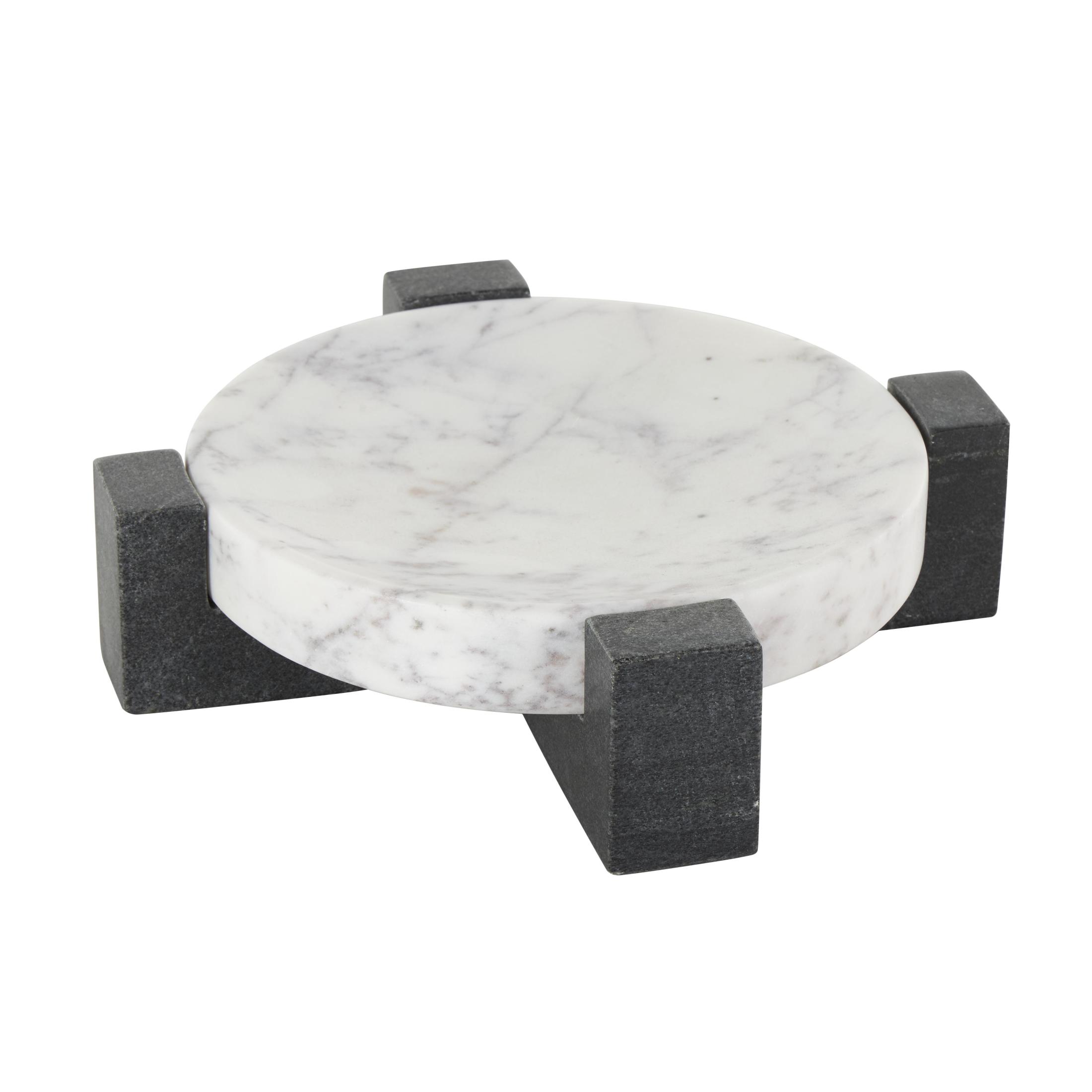 DecMode 8" x 8" White Marble Round Geometric Tray with Black X-Shaped Base, 1-Piece