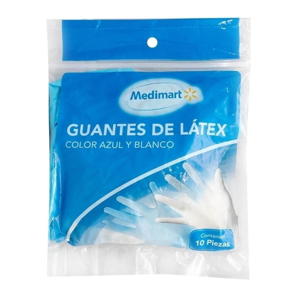 Guantes de látex Medimart color azul y blanco 10 pzas