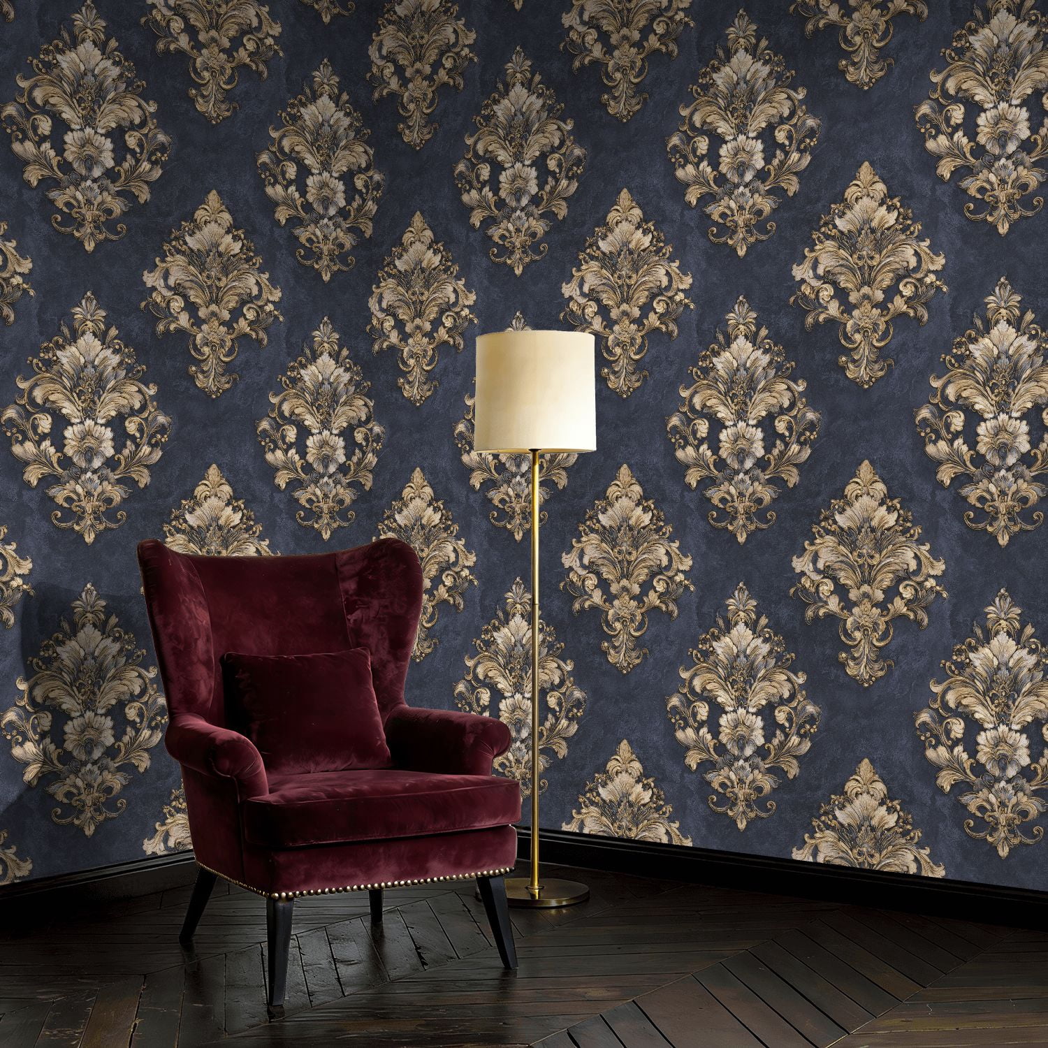 Baroque Peel and Stick Wallpaper Royal Estate Inspired Vintage Damask Gold Accents Wall Mural 23.6in x 9.8ft Self Adhesive Removable Wall Paper Renter Friendly Wallpaper for Bedroom Livingroom Men