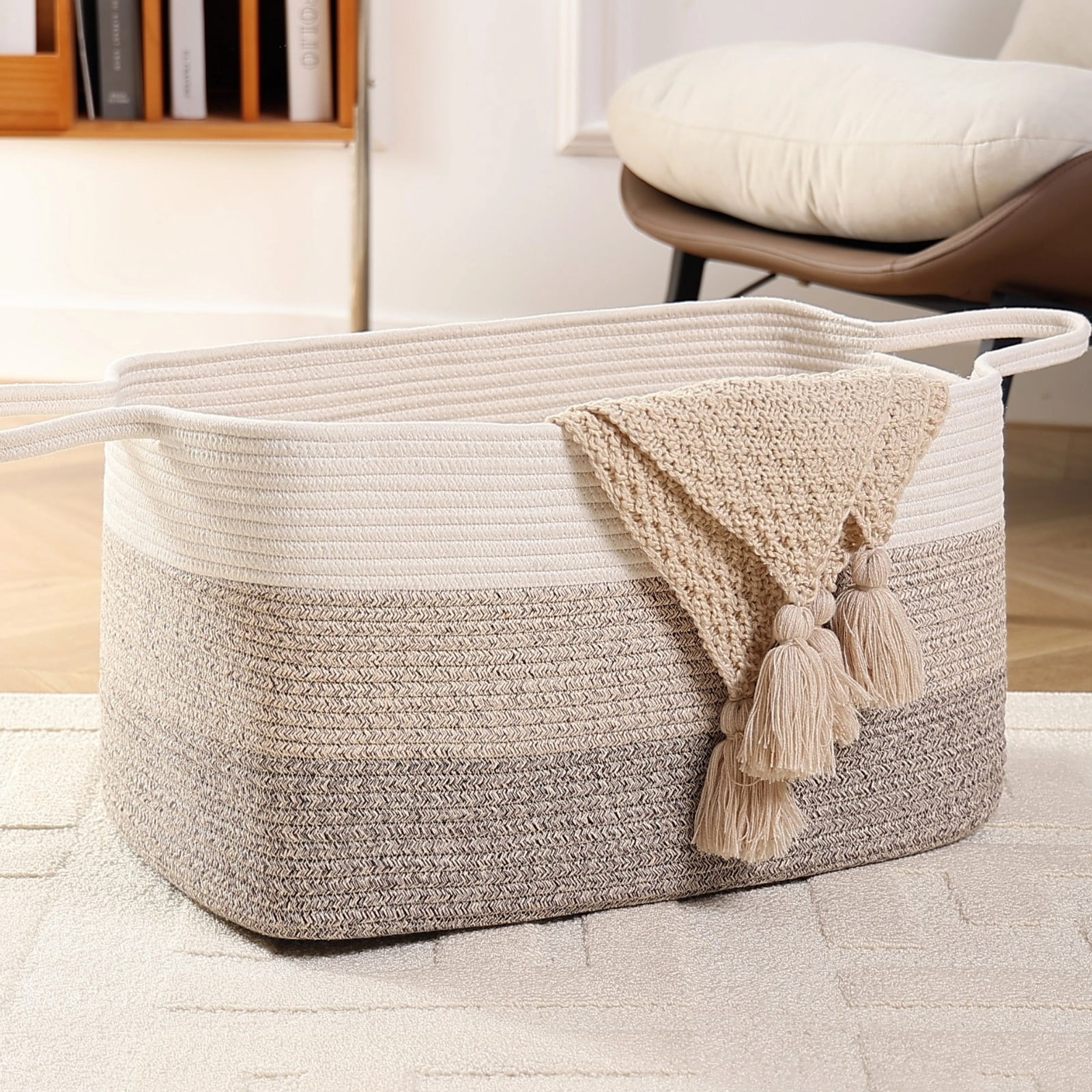 VeluraHome 70L Large Blanket Basket,Rectangle Storage Baskets for Storage,Cotton Rope Woven Storage Basket for Living Room, Nursery, Baby Room