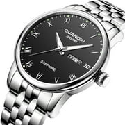 GUANQIN Mens Quartz Fashion Luminous Calendar Wrist Watch with Analog Display and Stainless Steel Band