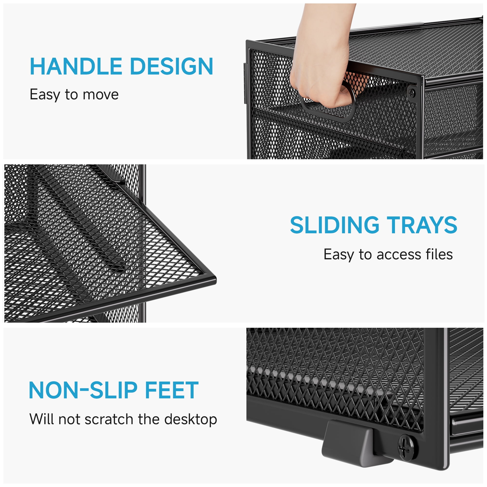 Marbrasse Paper Organizer for Desk, 4-Tier Desk Organizer Tray, Mesh Desktop File Organizers with Handle, Office Classroom Organization and Storage-Black