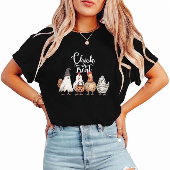 Funny Halloween Chicken Casual Tops Chick or Treat Print T-shirts Ghost Chicken Lovers Graphic Tees Short Sleeve Cotton Shirts for Daily Outfits Black,4XL