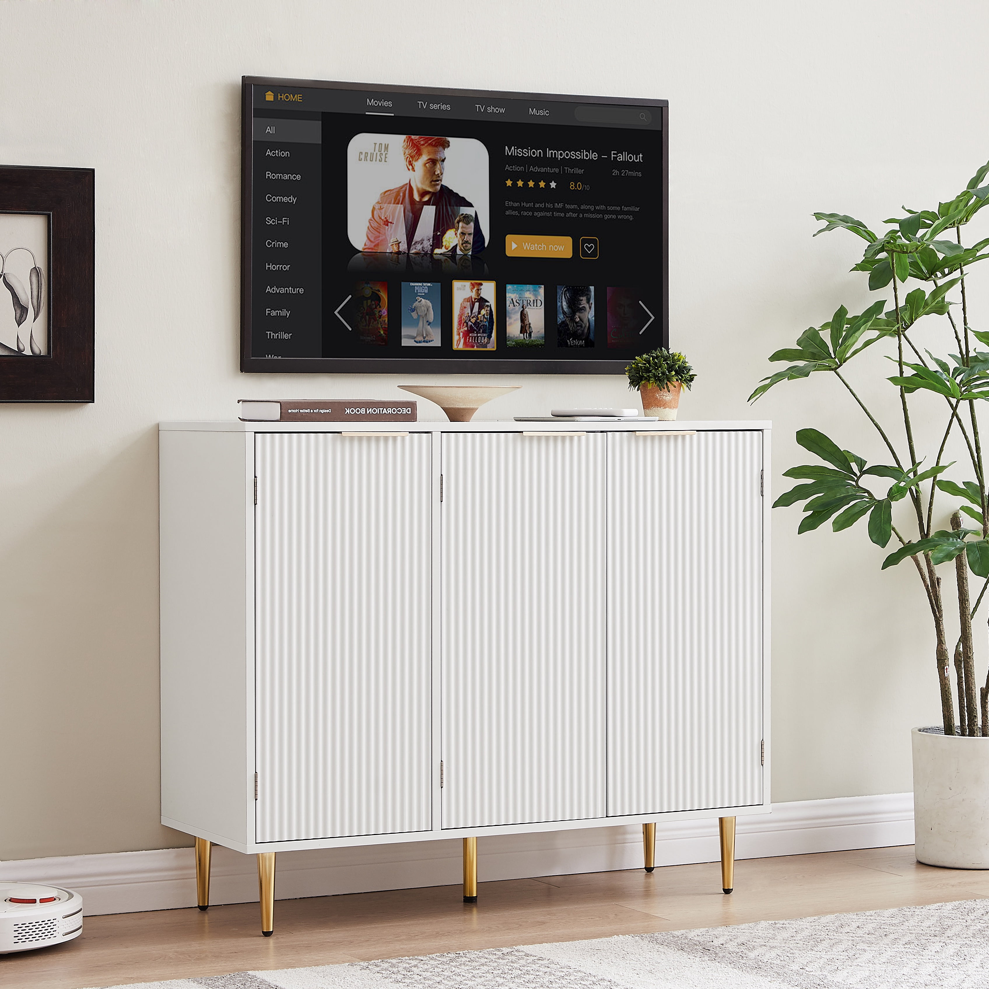 PORKISS Storage Cabinet, Wooden Sideboard Cabinet with 3 Doors, Modern Buffet Cabinet with 6 Compartments, Freestanding Small Storage Cabinet for Living Room, Dining Room, Bedrooom, and Hall, White