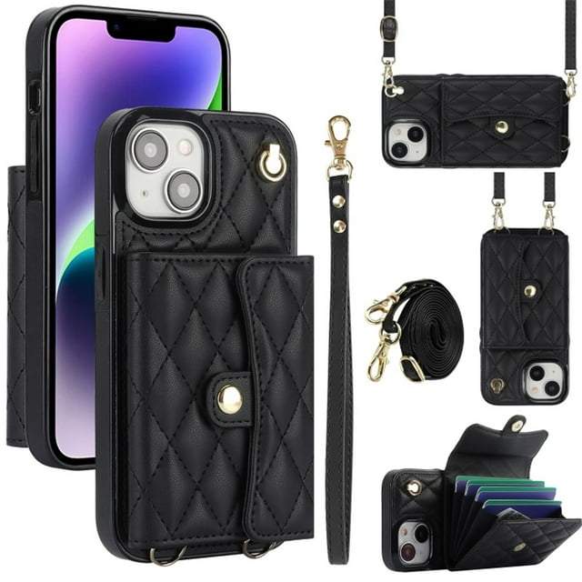 iPhone 13 RFID Para Que Bloquea la Funda Protectora para Billetera, Funda Tapa Magnética, Bolsillo con Ranuras para Múltiples Tarjetas con Correa para el Hombro y Correa para la Muñeca Desmontables