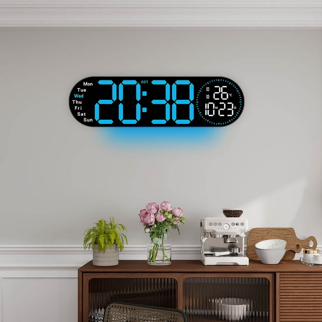 Vwrxbz 17.3 Inch LED Digital Wall Clock Large Display Temperature Humidity Calendar RGB Night Light Remote Control Alarm Clock for Living Room