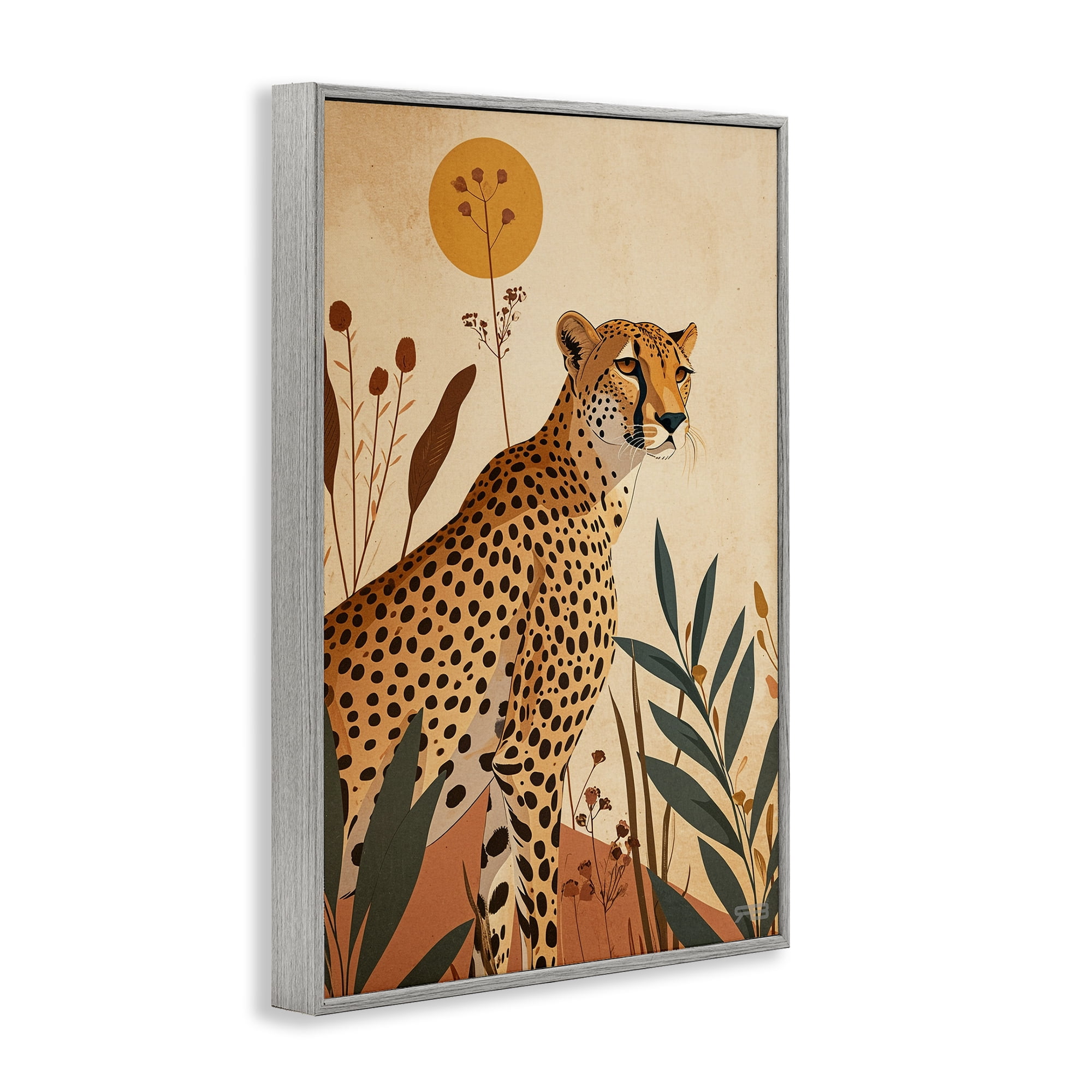Stupell Industries Cheetah & Boho Plants Animals & Insects Painting Gray Framed Art Print Wall Art, 12 x 18