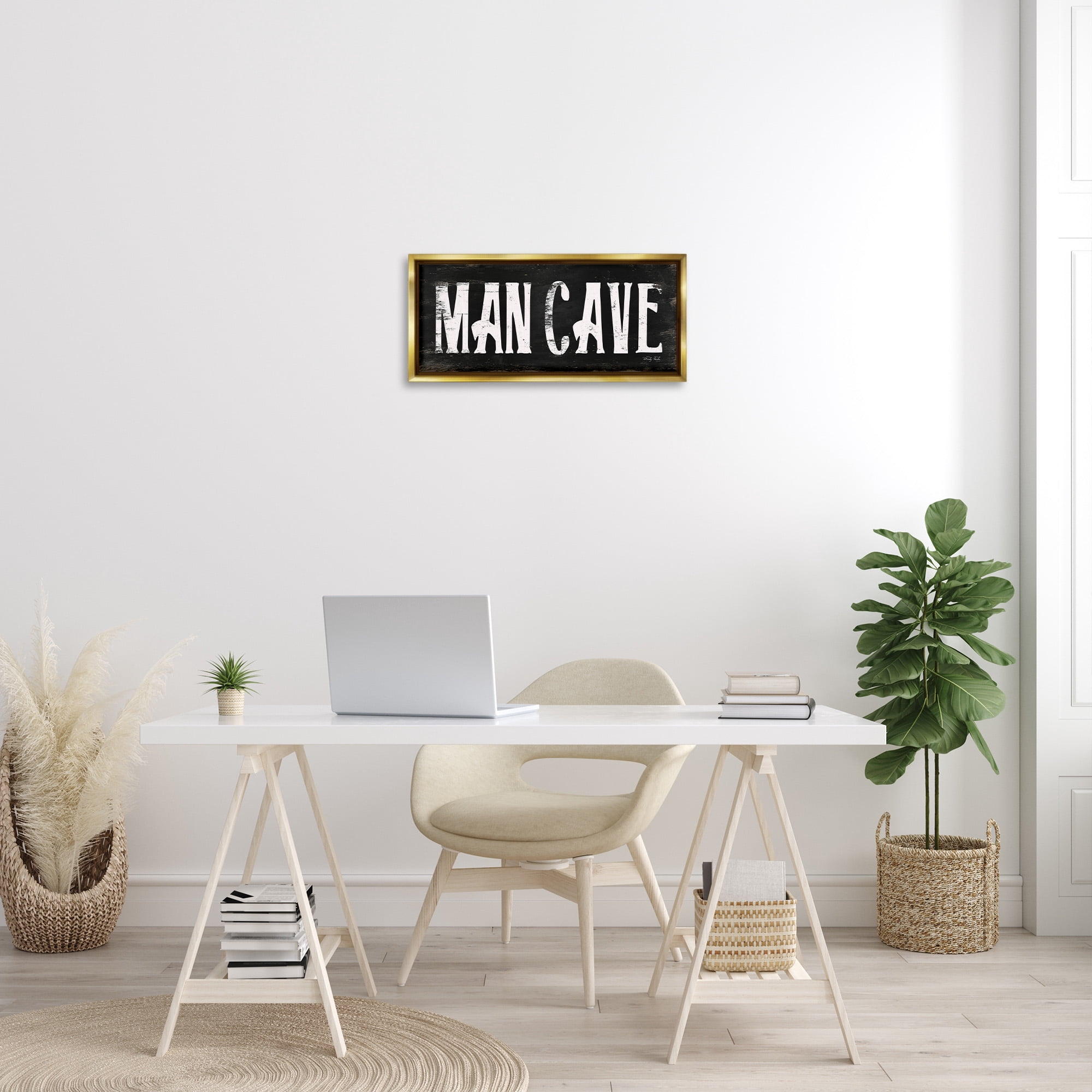 Stupell Industries Man Cave Black And White Typography Painting Gold Floater Framed Canvas Art Print Wall Art, 25 x 11