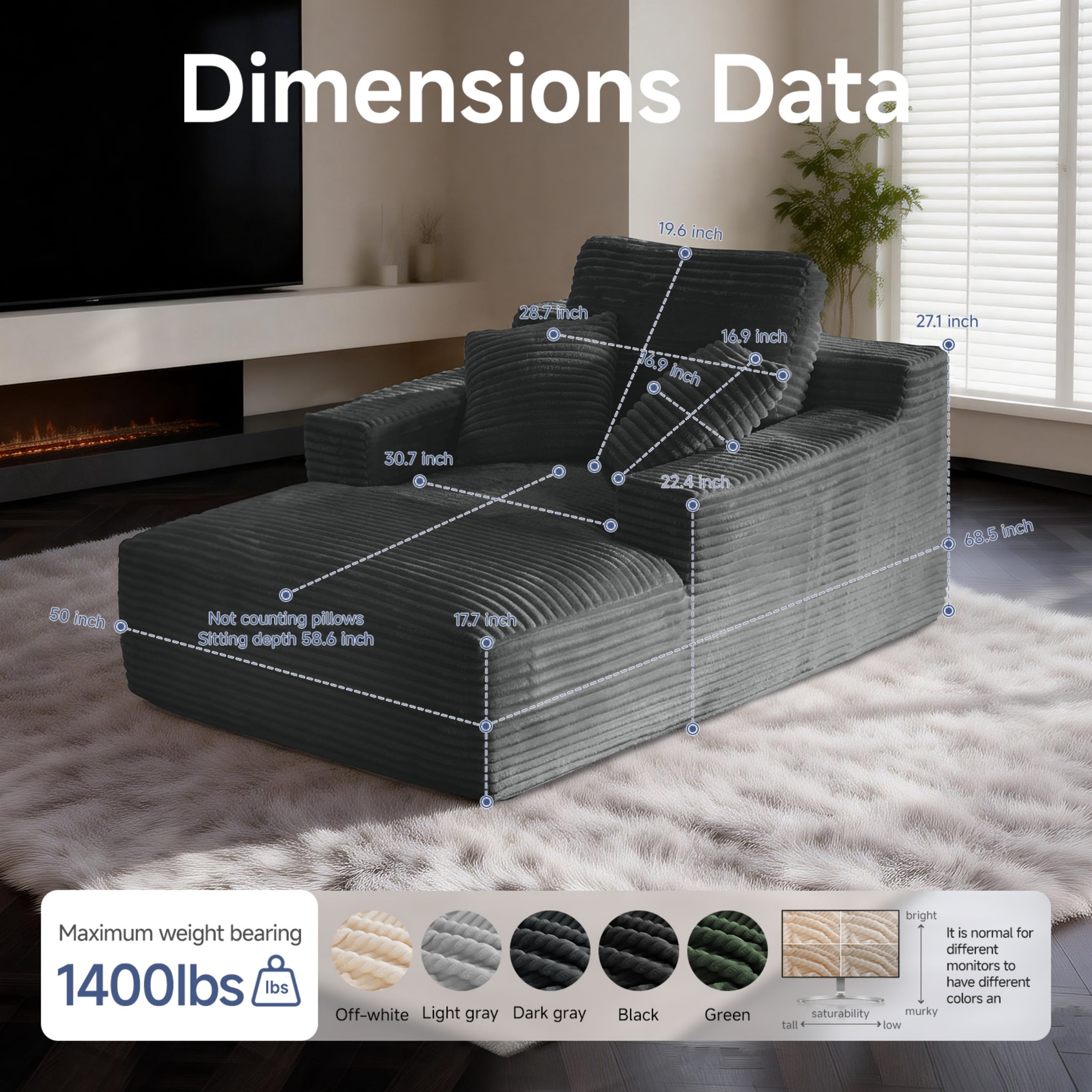 AISWORD 68.5'' Oversized Chaise Lounge Chair Indoor Corduroy Cloud Floor Sofa Bed No Assembly Required Deep Seat Boneless Couch with Pillows, Dark Gray