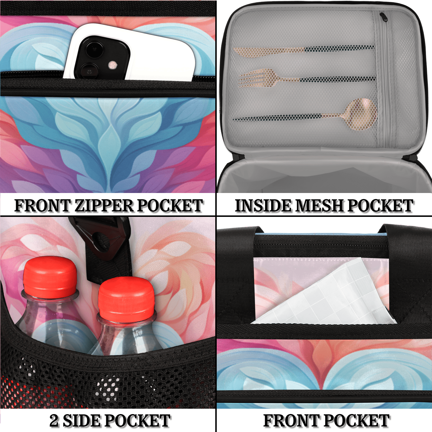 Herdesigns Heart Colorful Large Lunch Box for Adults Women Men with Adjustable Shoulder Strap, Insulated Reusable Lunch Bag Leakproof Cooler Tote Bag