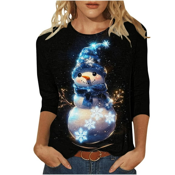 Womens Christmas T Shirts Funny Fall Holiday Snowman Tees 3/4 Sleeve Round Neck Tops Tshirts Fall Fashion Must Haves My Items