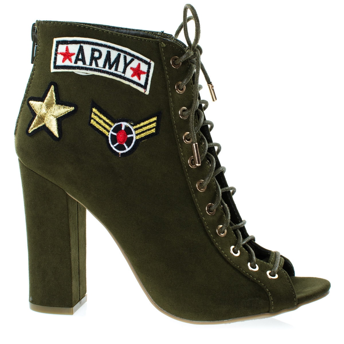Women Army Patchwork Motifs Corset Ankle Bootie High Block Heel Women Army Patchwork Motifs Corset Ankle Bootie High Block Heel