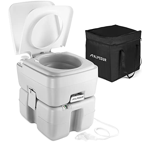 Alpcour Portable Toilet – Compact Indoor & Outdoor Commode w/Travel Bag for Camping, RV, Boat – Piston Pump Flush, 5.3 Gallon Waste Tank, Built-In Pour Spout & Washing Sprayer for