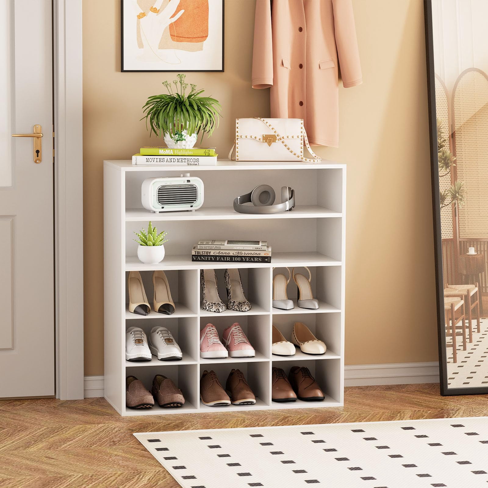 hoe Rack Organizer, 5-Tier Wood Cubby Shoe Rack with 2 Storage Shelf and 9 Cubbies, Shoe Organizer Cabinet for Entryway, Hallway, Closet and Garage, White