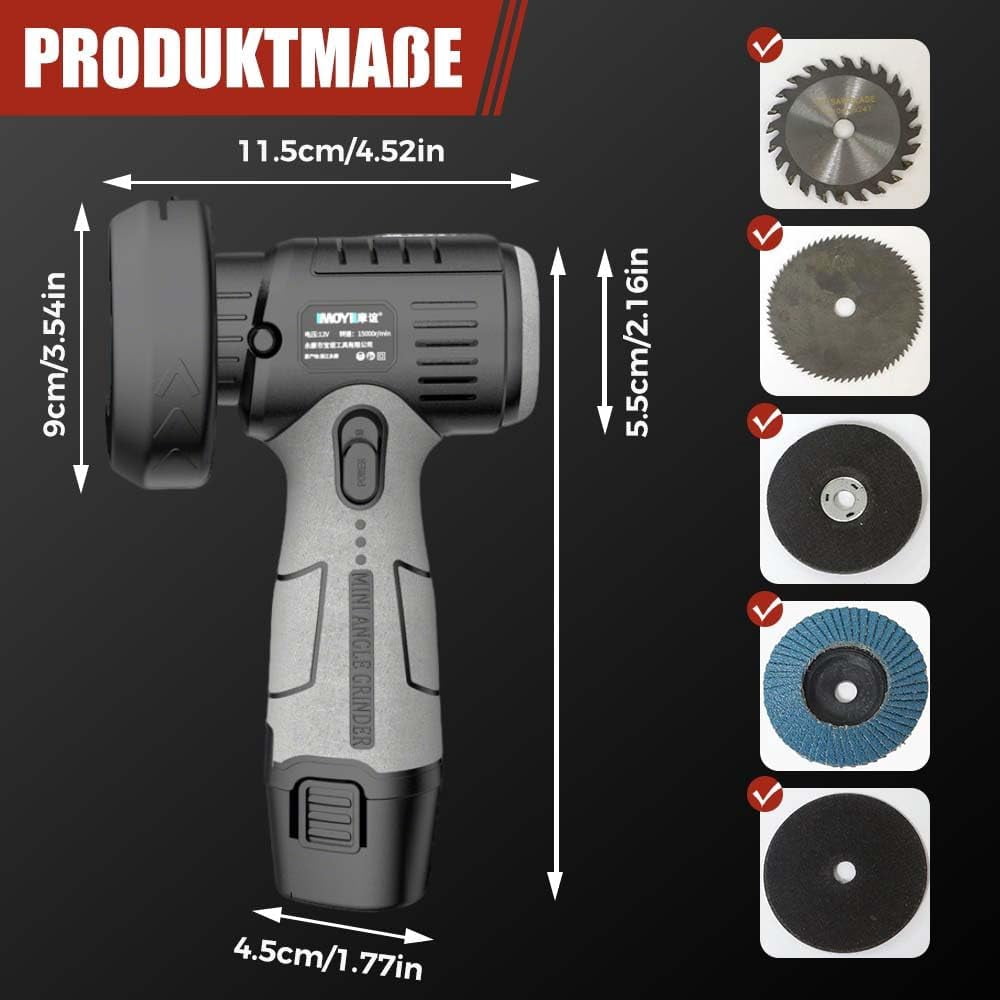 12V Mini Angle Grinder with Cutting Disc, 2025 New Cordless Angle Grinder, Portable Electric Grinder Tool for Home and Workshop Use, Handheld Grinder for DIY Projects 1 Batteries
