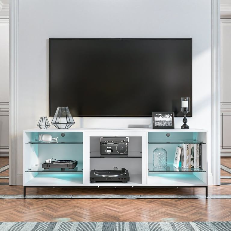Hommpa LED TV Stand for TVs up to 65 Modern TV Cabinet with 2 Doors and  Glass Shelf Wooden Media Storage Stand Entertainment Centers White