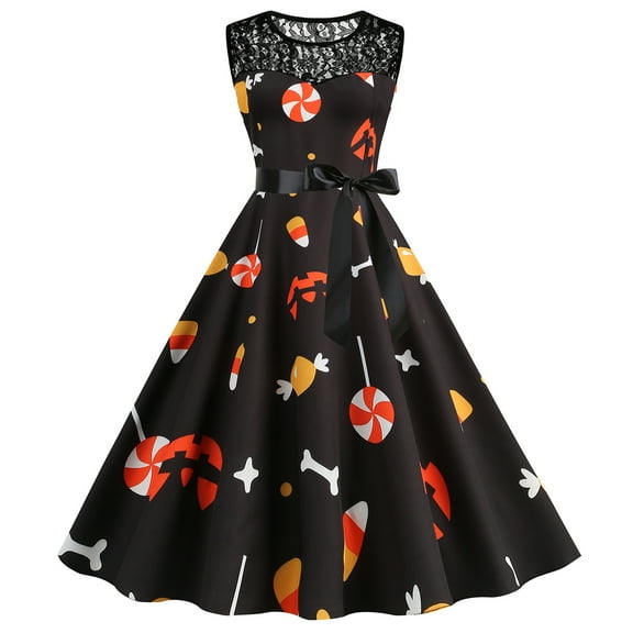 WTOBBY Women's Hepburn-Style Retro Lace Round Neck Sleeveless Halloween Printed Dress Elegant Vintage Inspired Party Wear,Navy L