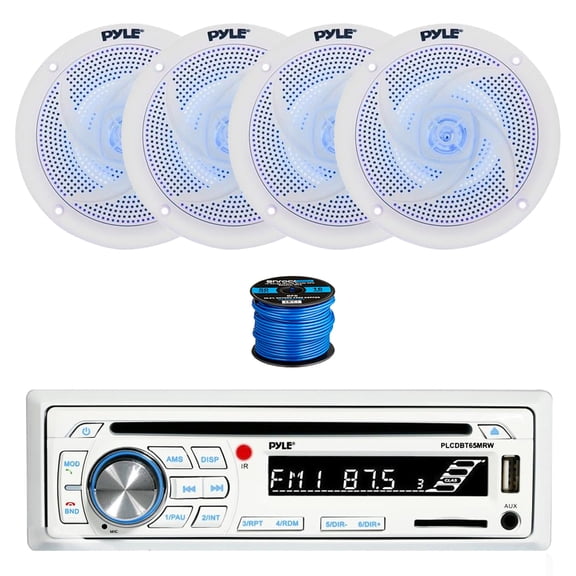 Pyle PLCDBT65 Bluetooth Marine Stereo AM/FM CD Player Stereo Receiver, 4X 6.5" 240 Watt 2-Way Slim Low Profile Blue Flashing LED Audio Speakers (White) w/ Wire